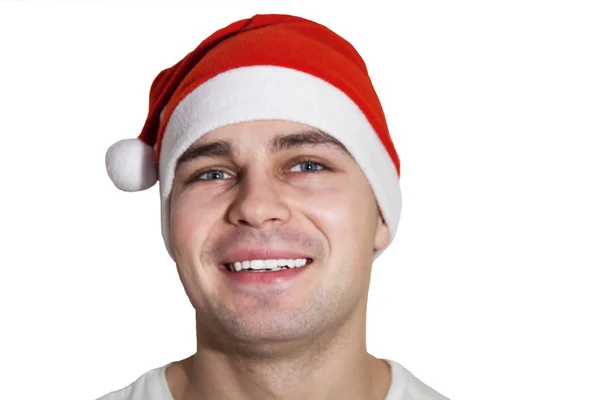 Uomo Sorridente Con Cappello Babbo Natale Isolato Uno Sfondo Bianco — Foto Stock