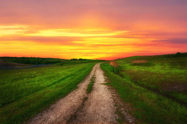 Sendero de campo en el fondo de una hermosa puesta de sol — Foto de Stock