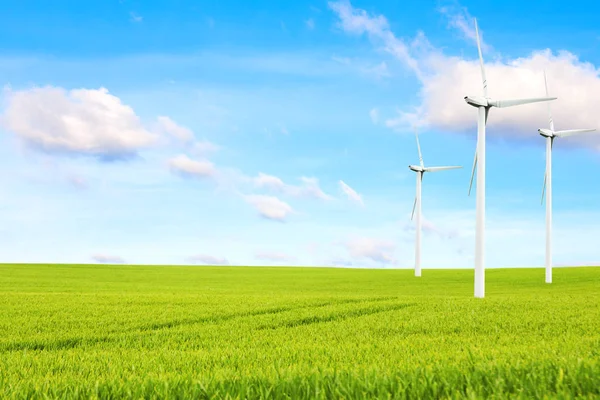 Ecology concept. windmills, field and beautiful sky. Renewable energy sources — Stock Photo, Image