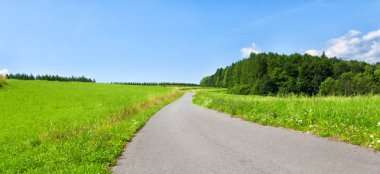 Doğal çevre afişi. Yeşil çayırların arasında asfalt yol. Mavi gökyüzü.