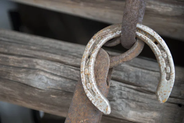 Vecchia scarpa da cavallo fortunata sulla scarpa di legno recinzione è venuto fuori — Foto Stock