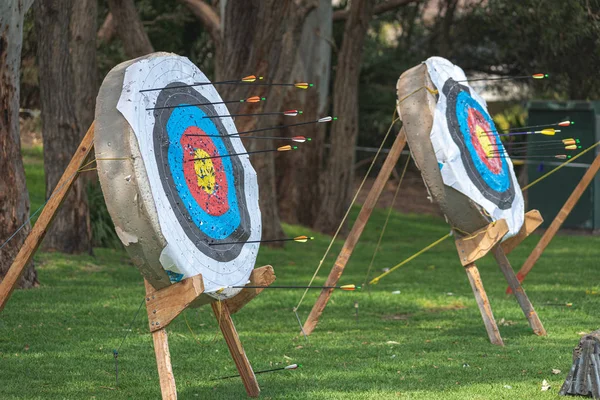 Archery target with arrows in them and lined up ready for archer — Stock Photo, Image