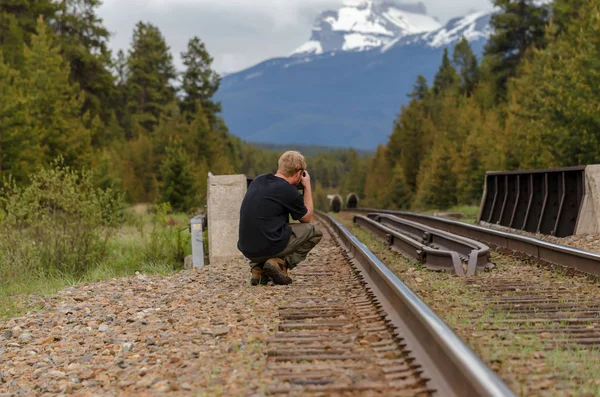 Bir fotoğrafçı tren yolunda iki boz ayı için fotoğraf çekiyor.