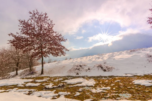 Sneeuwrijke Winterbergen Met Kleurrijke Lucht Bij Zonsondergang — Stockfoto