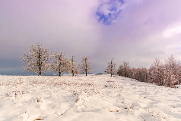 Sneeuwrijke Winterbergen Met Kleurrijke Lucht Bij Zonsondergang — Stockfoto