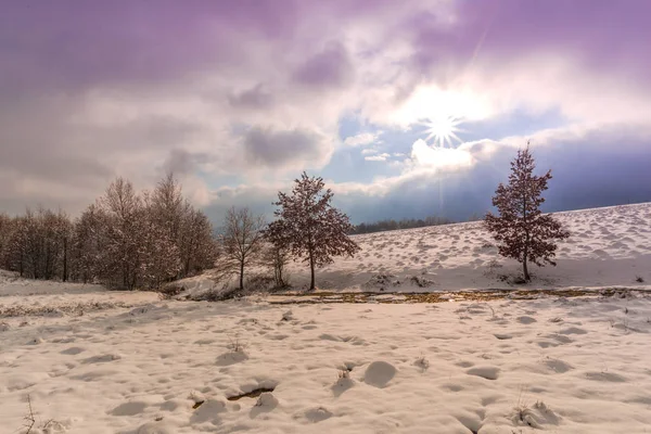 Gün Batımında Renkli Gökyüzü Ile Karlı Kış Dağları — Stok fotoğraf
