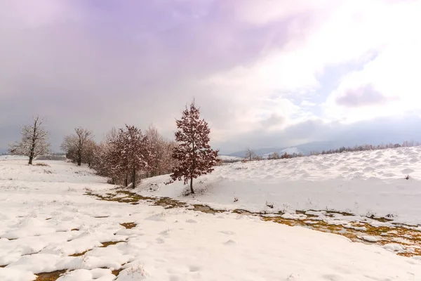 Снежные Зимние Горы Красочным Небом Закате — стоковое фото