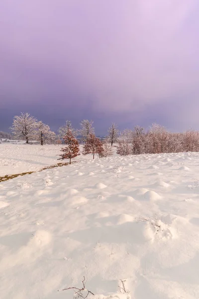 Sneeuwrijke Winterbergen Met Kleurrijke Lucht Bij Zonsondergang — Stockfoto