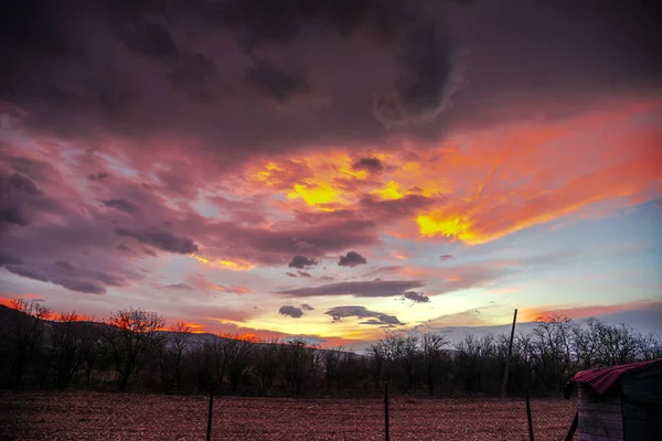 Сельский Пейзаж Яркое Небо Заката — стоковое фото