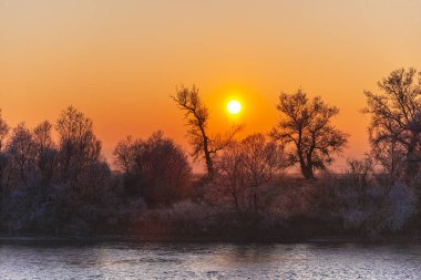 Gün batımında huzurlu manzara ve ormandaki göl