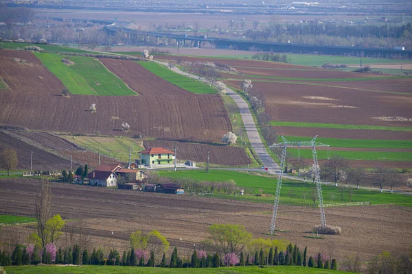 Vue Aérienne Sur Paysage Rural Avec Des Arbres Des Maisons — Photo