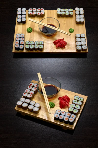 Lekkere Heerlijke Warme Koude Sushi Broodjes Tafel Verschillende Sushi Broodjes — Stockfoto