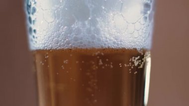 Kahverengi arka planda bir bardak ve bir kupa lezzetli bira standı. Güzel ışığın yaktığı mis kokulu bira iştahı açar..