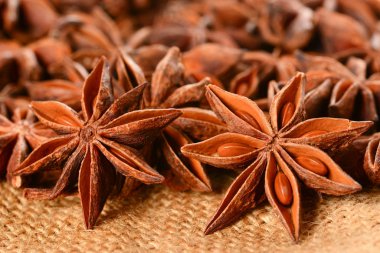 Yıldız anason. Tohumlu bazı yıldız anason meyveleri 7. Jüt çuval tuvalinde makro yakın.