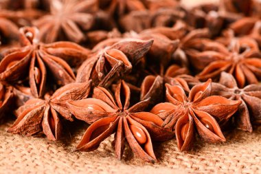 Star anise. Some star anise fruits with seeds 3. Macro close up on the jute burlap canvas.
