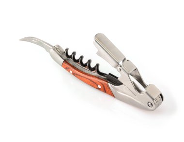 Sommelier knife with corkscrew and bottle opener in unfolded state, professionsl waiter knife, close up macro.