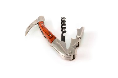 Sommelier knife with corkscrew and bottle opener unfolded, professionsl waiter knife, close up macro.