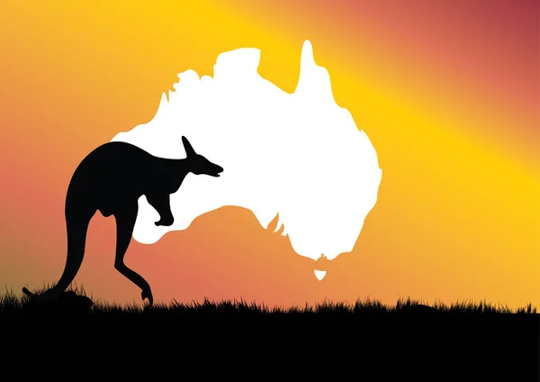 Aussie kaart met kangoeroe op voorgrond — Stockvector