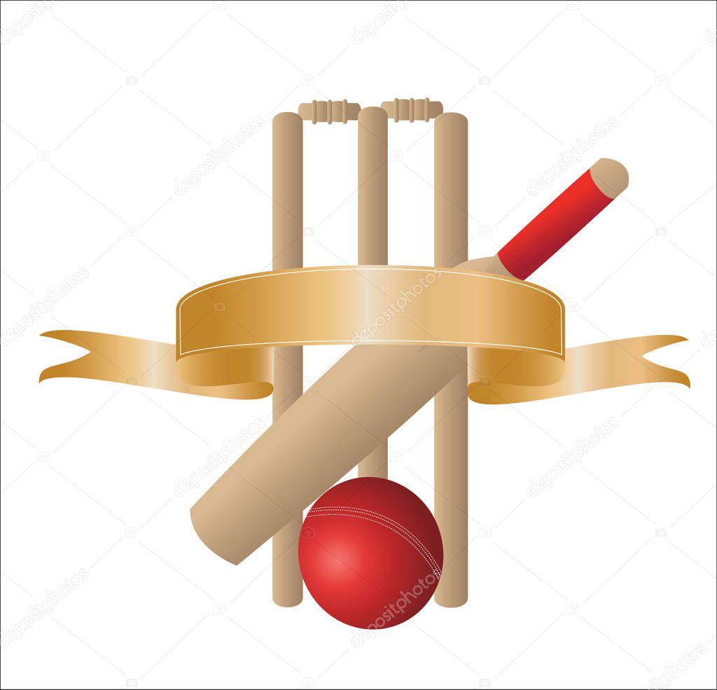 Illustration of  one cricket bat with wickets and a blank gold banner on a white background