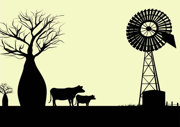 Windmühle und Kühe Silhouette — Stockvektor