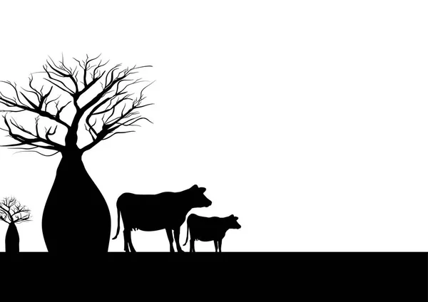 バオバブの木と牛 — ストックベクタ