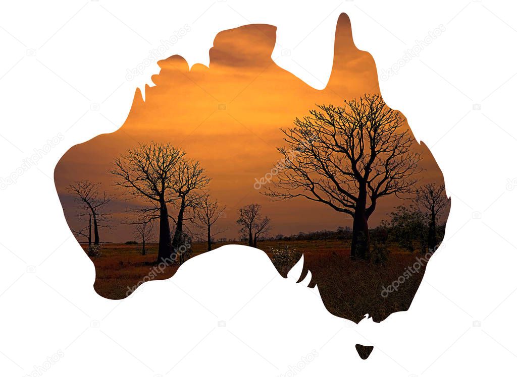 Australia map and boabab trees