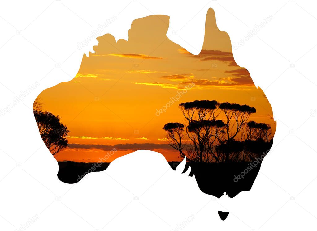 Outline of Australia map with sunset view of the country
