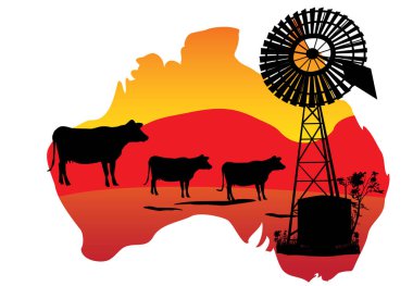 Avustralya haritası ve yel değirmenli üç inek