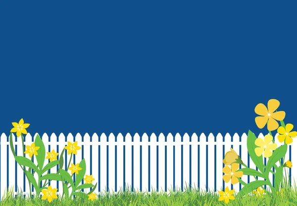 Flowers Grass White Picket Fence Classic Blue Background — Stock Vector