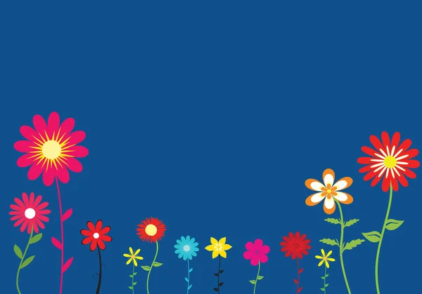 Mnoho Barevných Květin Podél Spodní Části Vektoru Klasickým Modrým Pozadím — Stockový vektor