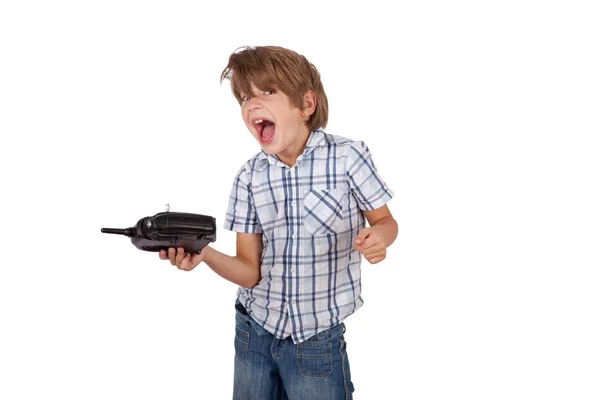 Cheerful boy with a drone remote control — Stock Photo, Image