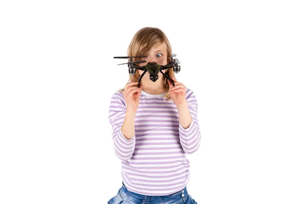 Funny girl with drone — Stock Photo, Image