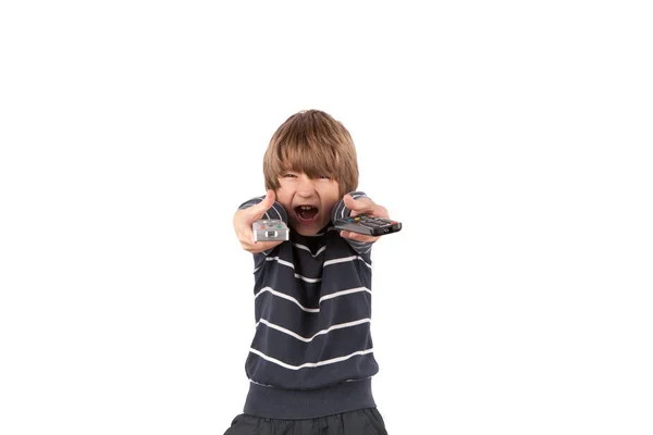 Cheerful boy with two TV remote controls. Isolated on white back — Stock Photo, Image