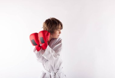 Kırmızı boks eldiven giymiş bir karate çocuk portresi