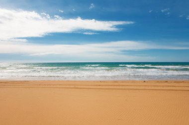 Deniz göl Korission, Corfu, Yunanistan, geniş kumsalı ile