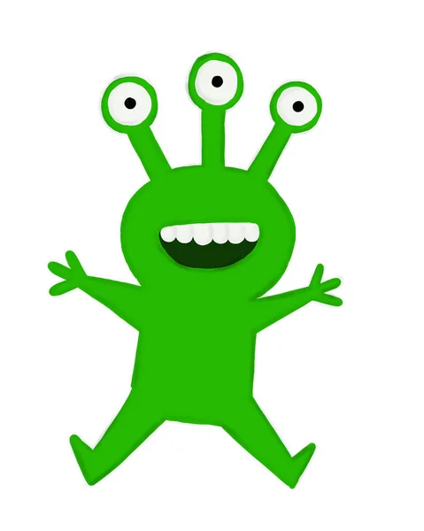 Engraçado alienígena verde com três olhos e amplo abraço isolado no branco — Fotografia de Stock