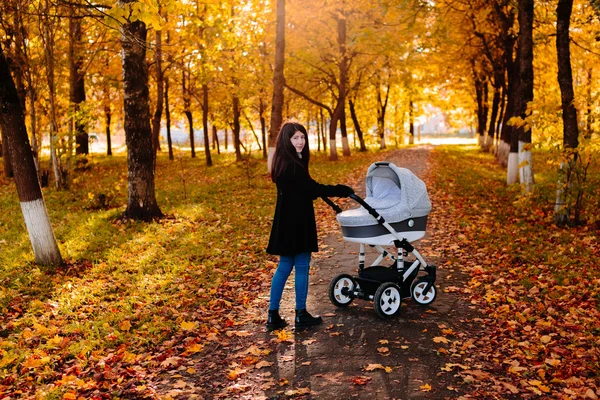 Young happy mom with a stroller in autumn park — Stock Photo, Image