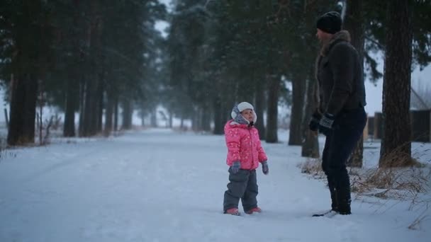 Papai com sua filha se divertindo brincando no parque no inverno — Vídeo de Stock
