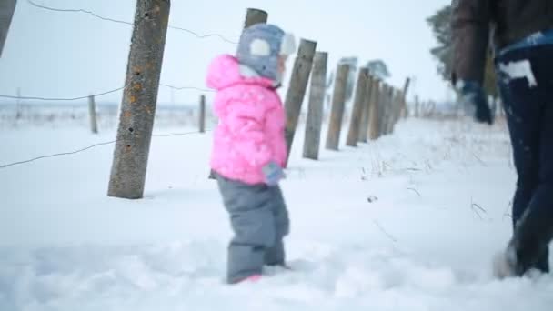 爸爸和他的女儿开心冬季公园里玩 — 图库视频影像