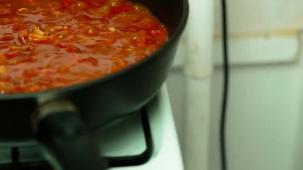 Tomates bacon cebolla zanahorias en una sartén — Vídeo de stock