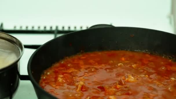 Tomates cenouras de cebola de bacon em uma panela — Vídeo de Stock
