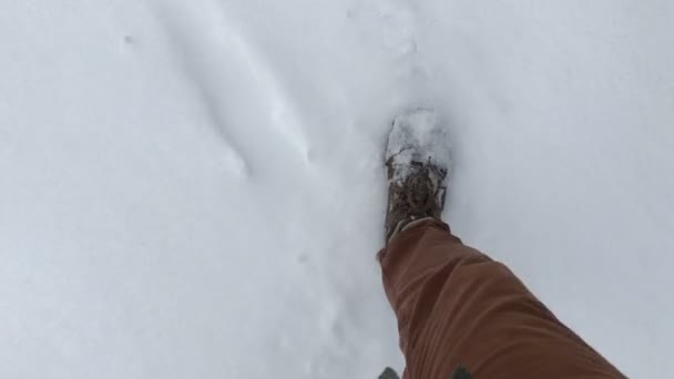 Pé homem andando na neve — Vídeo de Stock