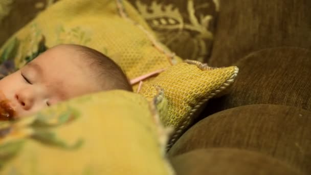 Mãe alimenta seu pequeno filho purê de bebê com colher — Vídeo de Stock