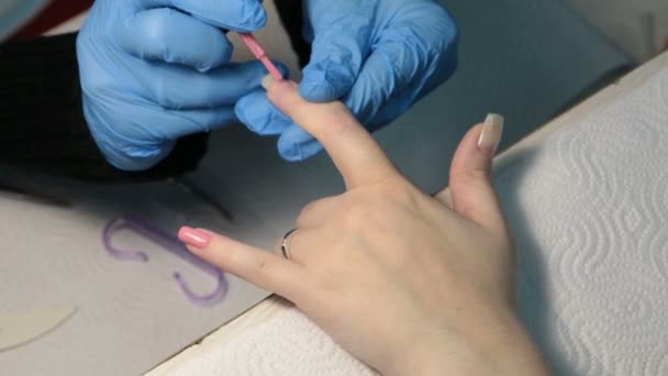 Maniküre für Frauen. Auftragen von rosa Nagellack auf den Nagel — Stockvideo