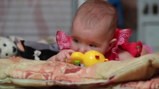 Pequeña niña acostada en una superficie suave y juega . — Vídeos de Stock