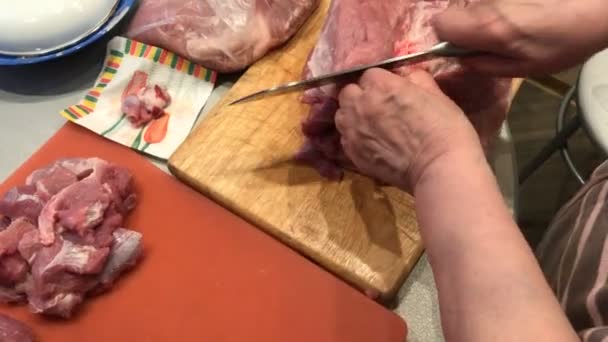 Бабушкин нож режет свежее мясо крупным планом . — стоковое видео
