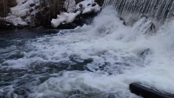 Verkeer voor de rivier in het wild in het vroege voorjaar. — Stockvideo