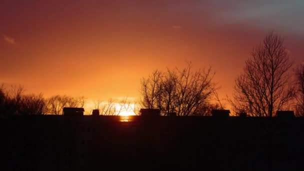 Zonsondergang in een dorp achter hoge gebouwen. Time-lapse video. — Stockvideo