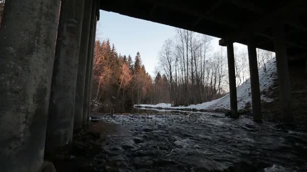 Bewegung des Flusses unter der Brücke im zeitigen Frühling tagsüber. — Stockvideo