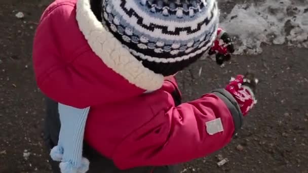 Liten pojke leker med snö på hans handskar. — Stockvideo